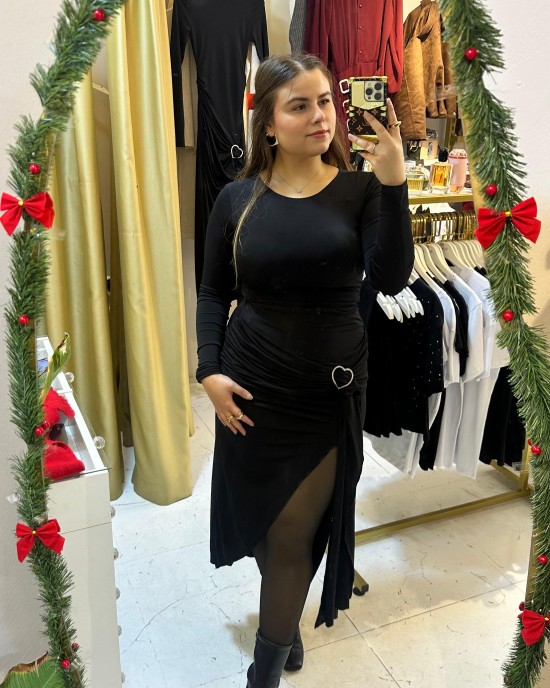 Kalp Taş Aksesuarlı Midi Elbise