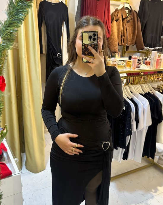 Kalp Taş Aksesuarlı Midi Elbise