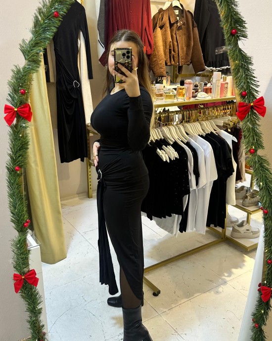 Kalp Taş Aksesuarlı Midi Elbise