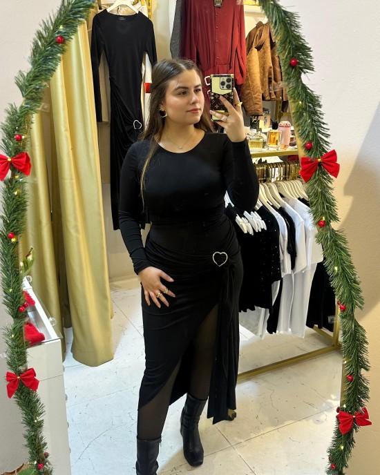 Kalp Taş Aksesuarlı Midi Elbise