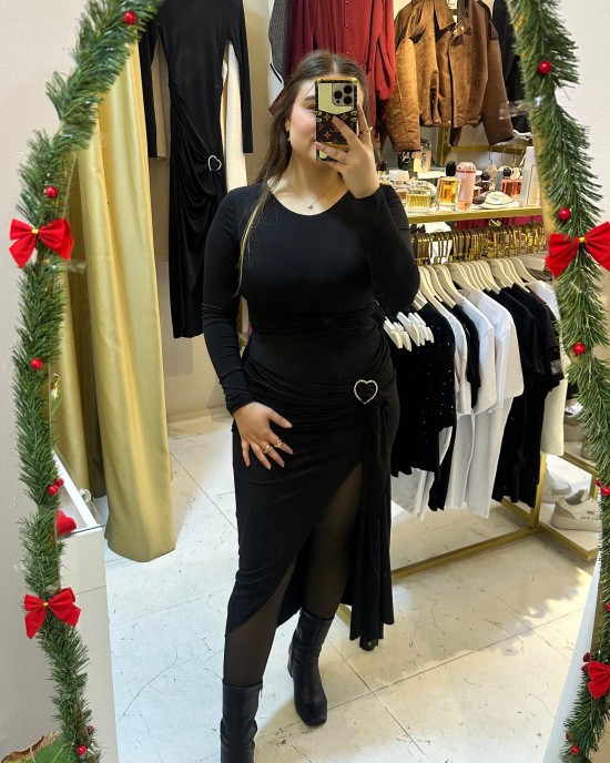 Kalp Taş Aksesuarlı Midi Elbise