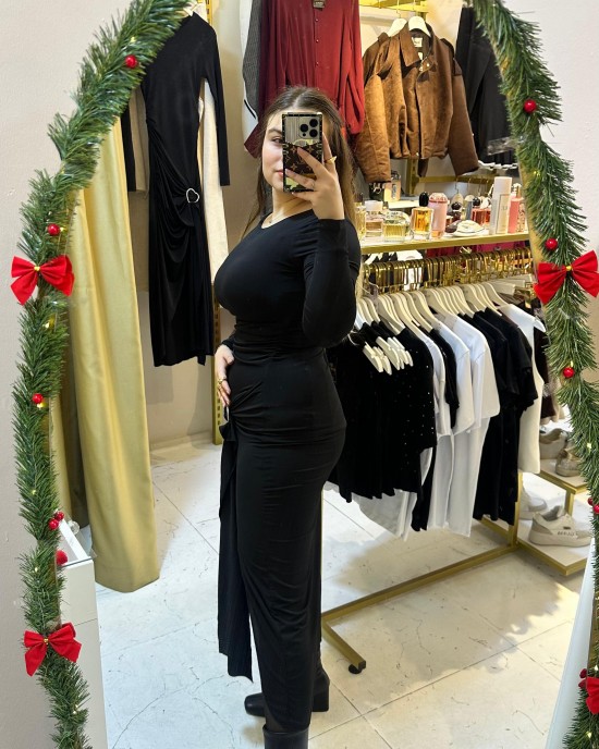 Kalp Taş Aksesuarlı Midi Elbise