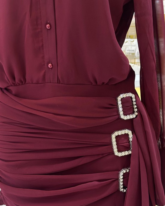Bordo Taşlı Gömlek Elbise