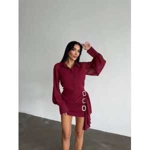 Bordo Taşlı Gömlek Elbise