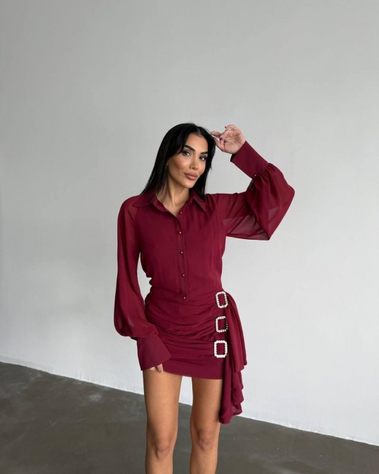 Bordo Taşlı Gömlek Elbise