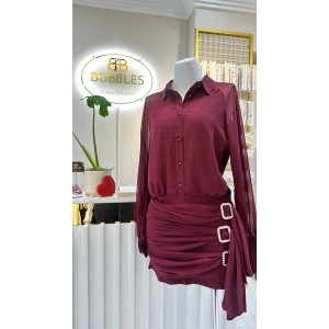 Bordo Taşlı Gömlek Elbise