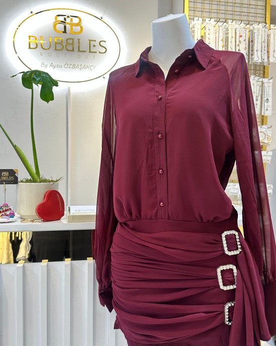 Bordo Taşlı Gömlek Elbise