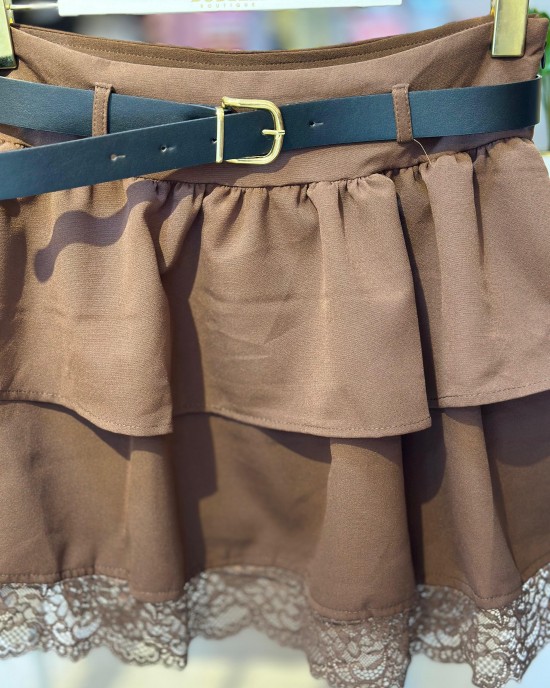 Kemerli Dantel Detaylı Şortlu Etek