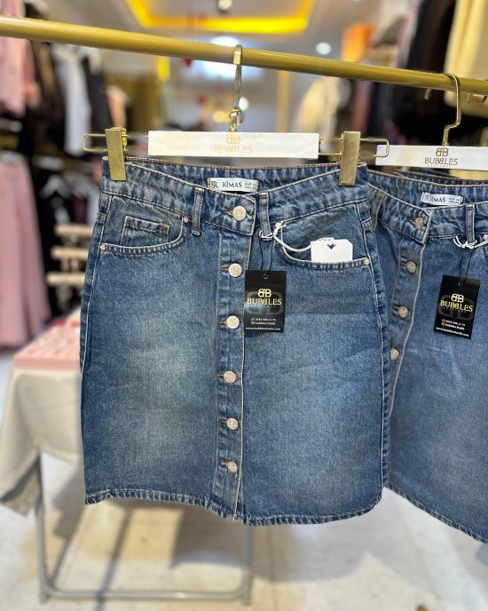 Önü Full Düğmeli Kot Etek