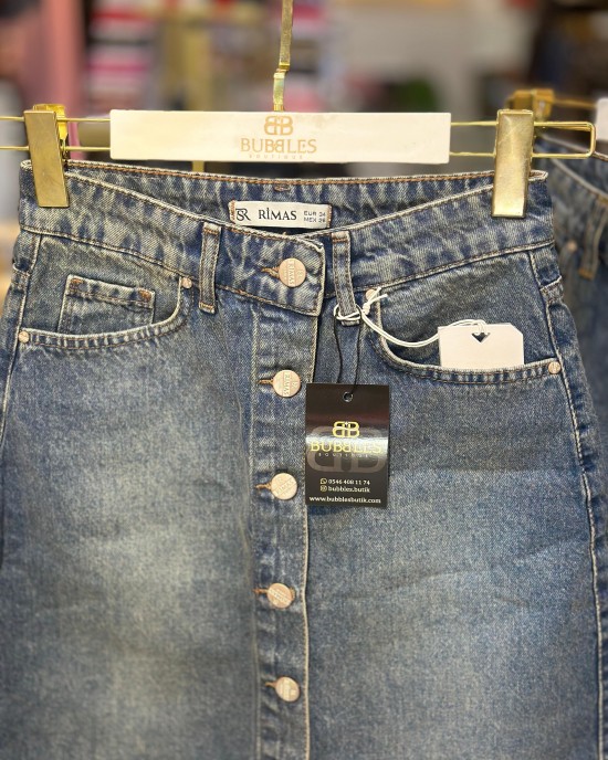 Önü Full Düğmeli Kot Etek